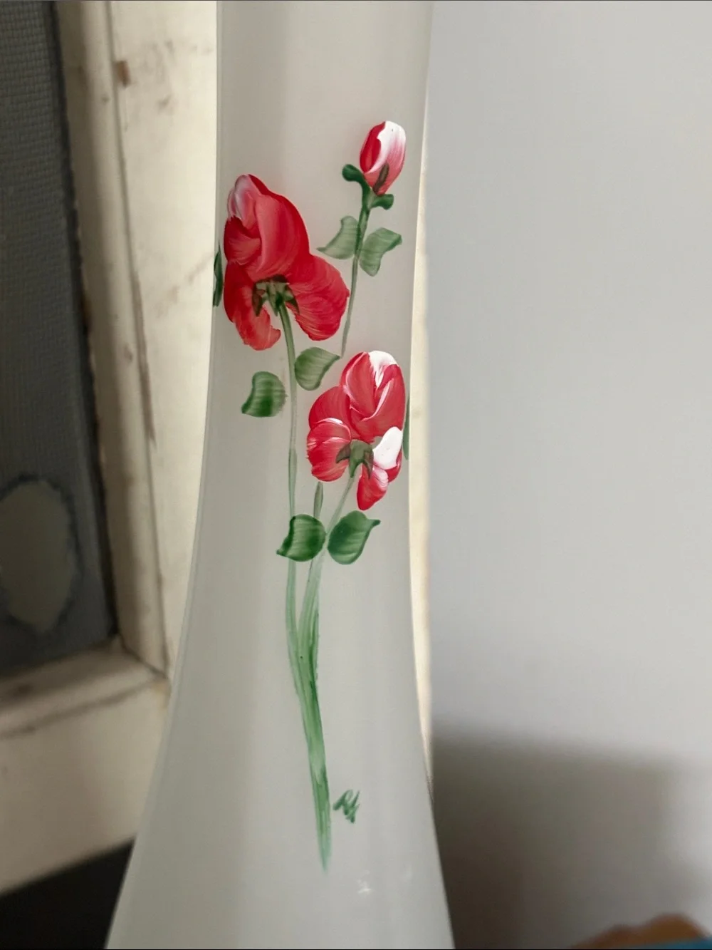 Frosted White Bud Vase with Hand-Painted Red Floral Detail